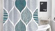 JAWO Teal and Grey Bohemian Shower Curtain for Bathroom, Gray White Bohemia Chic Fabric Geometric Pattern Shower Curtains Set, Modern Paisley Restroom Decor Accessories with Hooks 72X72Inches