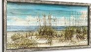 Seascape Framed Wooden Wall Art: Beach Art Prints Ocean Painting Style Artwork Seaside Wall Decor Sand Dunes Picture Coastal Theme Prints for Bedroom 24"x12"