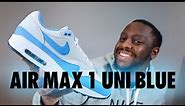Nike Air Max 1 University Blue On Foot Sneaker Review QuickSchopes 607 Schopes FD9082 103