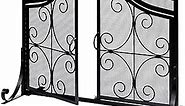 AMAGABELI GARDEN & HOME Fireplace Screen with Doors Large Flat Guard Fire Screens Outdoor Metal Furnace Fireguards Mesh Solid Wrought Iron Fire Place Panels Wood Burning Stove Accessories Black