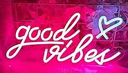 Good Vibes Neon Signs for Wall Decor, Pink Neon Lights Sign with Heart, LED Neon Light for Bedroom Dorm Girl Studio Party - 16 x 8 inch