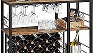 Yaheetech Wine Rack Table with Glass Holder, Industrial Wine Bar Cabinet with 25-Bottle Wine Storage and 6 Hooks, Coffee Bar Table Liquor Cabinet for Bar, Buffet, Living Room, Kitchen, Rustic Brown