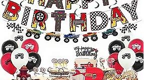 Monster Truck Birthday Party Supplies 69Pcs, truck birthday party decorations, Happy Birthday Banner and Paper Flowers, Triangle Bunting, Cupcake Toppers, Hanging Spiral Decorations