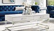 Casandra High Gloss 2 Drawers Coffee Table with Acrylic Legs and Chrome Stainless Steel Base, White/Chrome