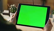 Closeup Green Screen Tablet in Businesswoman Hands Woman Holding Mockup Device