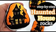 How to paint a Haunted House Silhouette || Halloween Rock Painting Ideas || Rock Painting 101