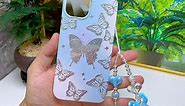Abbery Designed for iPhone 13/14 Case Glitter Cute Clear with Design Butterfly with Strap Wrist Bling Sparkle Purple Blue Aesthetic Protective Glossy Phone Cover Case Women Girls (Butterfly)