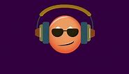 Animation of an emoticon in sunglasses and headphones listening loudly to music on a purple background.