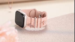 DaQin Flower Engraved Band Compatible with Apple Watch Bands 40mm for Women 38mm 41mm, Soft Silicone Sport Band With Decorative Apple Watch Charms for iWatch Series 9 8 7 6 5 4 3 2 1 SE (With Band)