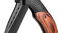 Pocket Knife for Men - 3.46" Sharp Blade Wood Handle Pocket Folding Knives with Clip, Glass Breaker - EDC Knives for Survival Camping Fishing Hiking Hunting Gift Women, Black