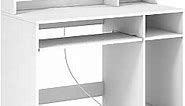 White Computer Desk with Hutch, Wood PC Desk w/Power Outlet, Keyboard Tray and CPU Stand, Modern Writing Desk with Bookshelf, Student Desk for Bedroom, Simple Work Desk for Home Office