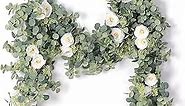 PARTY JOY 6.56ft Eucalyptus Garland with Flowers-8 White Roses, Artificial Fake Flowers Greenery Garland Floral Vines for Decoration Party Wedding Table Indoor Outdoor Backdrop Wall Decor(White)