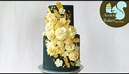 BLACK, GOLD & ROSE BUTTERCREAM FLOWER CAKE | Cake Tutorial |