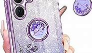 for Samsung Galaxy S22 Ultra Case Glitter Sparkly Women Girls Sparkle Bling Shiny Girly Purple Phone Cover Cute Flowers Floral Design with Ring Pretty Cases for Galaxy S22 Ultra 6.8''