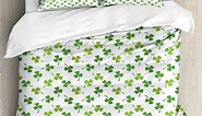 St. Patrick's Day Duvet Cover Set, Continuous Clover Luck Wealth Irish Traditional Pattern, Decorative 3 Piece Bedding Set with 2 Pillow Shams, Queen Size, Lime Green Multicolor, by Ambesonne