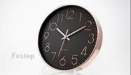 Foxtop Silver Wall Clock Silent Non-Ticking Battery Operated Quartz Round Wall Clock for Living Room Bedroom Home Office School Decor (12 Inch, Black Dial)