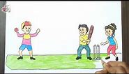 How to draw Kids Playing Cricket match | Scenery Drawing