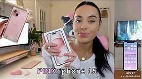 PINK iphone 15 plus unboxing, hands on + iOS 17 customisation ⋆˚✿˖°
