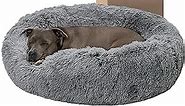 Furhaven 36" Round Calming Donut Dog Bed for Large/Medium Dogs, Refillable w/ Removable Washable Cover, For Dogs Up to 75 lbs - Shaggy Plush Long Faux Fur Donut Bed - Gray, Large