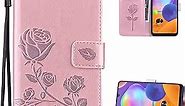 Dinglijia Designed for Samsung Galaxy A03 Core Case, Wrist Strap Flip Kickstand PU Leather Wallet Case Cash Card Slots Holder. Protective Shockproof Rose Pattern Women Cover for A03 Core MG Rose Gold