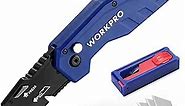 WORKPRO Folding Utility Knife, Box Cutter with Belt Clip, Quick-Change Blade, Lightweight Nylon Handle, Wire Stripper & Gut Hook, Extra 10 SK5 Blades Included, Blue