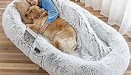 WROS Human Dog Bed, 71''x45''x12'' Size Fits You and Pets, Washable Faux Fur Dog Bed for People Doze Off, Napping Orthopedic Dog Bed, Present Plump Pillow, Blanket, Strap - Grey
