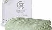 Threadmill Luxury Cotton Blankets Queen Size | All-Season 100% Cotton Blanket for Queen/Full Size Bed | Herringbone Lightweight, Soft Breathable | Sage Green