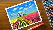 Oil pastel drawing for beginners- Scenery drawing- beautiful Tulip Field- How to Draw Tulip Field