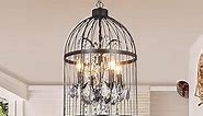 Industrial Vintage Lighting Fixture Black Finish Metal Birdcage Crystal Ceiling Chandelier 4 Lights Hanging Pendant Ceiling Lamp for Kitchen Dining Room