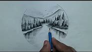 Bob ross style in pencil / Nature Scenery Drawing step by step / mountain and river drawing
