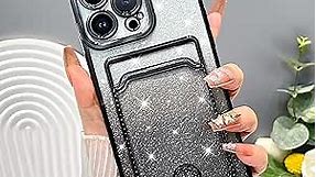 MZELQ Bling Wallet Compatible with iPhone 15 Pro Case Plating, Glitter Gradient Card Holder Camera Protection Luxury Cover + 1* Screen Protector, Card Slot Case Elegant Phone Case -Black