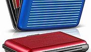 BBTO 2 Pieces Credit Card Holder Slim Mini RFID Blocking Credit Card Protector Aluminum Business Card Case Metal ID Organizer Wallet with 7 Slots for Women Men (Red, Blue)