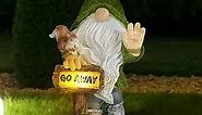 Flocked Garden Gnome Statue with Solar LED Light - 9.6” Resin Fairy Figurine with Funny Go Away Sign for Outdoor Yard Decor