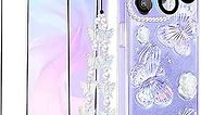 Goocrux (4in1 Case for Apple iPhone 11 Pro Butterfly Glitter Handmade Sequin Sparkle Pretty for Women Girls Clear Design Crystal Sparkly Cute Girly Phone Cases+Chain+Camera Cover+Screen Protector