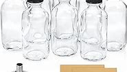 8 Pack, 2 oz Small Clear Glass Bottles w/ Lid & 2 Stainless Steel Funnels - 60ml Boston Sample Bottles - Mini Travel Essential or Decorative Bottles for Potion, Juice, Wellness, Ginger Shots, Whiskey