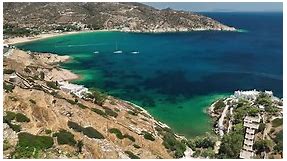 Aerial view over Mylopotas Beach on Ios Island in Greece.