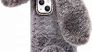 Omorro Compatible with iPhone 13 Mini Case Plush Rabbit Case for Women Girls Soft Warm Fluffy Furry Bunny Ear Fur Phone Case Protective Bling Crystal Rhinestone Bow Knot Diamond Case Rose