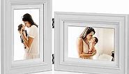 Tamolus 5X7 Double Wooden Hinged Picture Frame Vertical and Horizontal in White, Display 4x6 with Mat or 5x7 without Mat, Folding Photo Frame with Real Glass Front for Tabletop X3-BAI-SH57