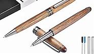 Wood Ballpoint Pen Set 2 Pack, Fancy Wooden Pens and Rollerball Pen for Men Extra 4 Ink Refills (2 Blue & 2 Black) Nice Writing Pen Sets Gift for Business Journaling Executive Signature