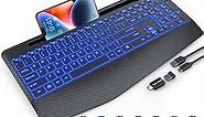 SABLUTE Wireless Keyboard with 7 Colored Backlits, Wrist Rest, 2.4G Computer Gaming Keyboard with Phone Holder, Rechargeable Full Size Ergonomic Keyboard with Silent Keys for MacBook, PC, Laptop