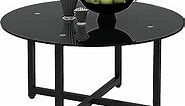 ODUSE-DAILY 36 Inch Black Round Glass Coffee Table for Living Room, Black Coffee Table, Circle Coffee Table, Small Round Coffee Table with Glass Top, Metal Frame, Tempered Glass (Black Coffee Table)