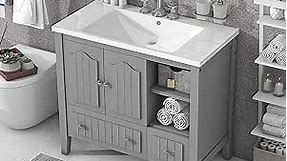 Merax 36 Inch Bathroom Vanity with Ceramic Sink Set Combo, Cabinet with Drawer and Doors, Solid Wood Frame with Painted Finish, Modern Style, Grey