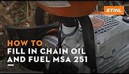 STIHL MS 251 | How to fill up chain oil and fuel mixture | Instruction