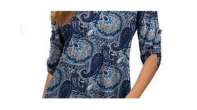 FOLUNSI Womens Tunic Tops 3/4 Roll Sleeve Floral Printed V Neck Blouses Long Sleeve Shirts for Women