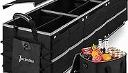 Collapsible Trunk Organizer for Car with Insulated Leak proof Cooler Bag, 3 Compartments SUV Cargo Organizer Removable Dividers, 5 in1 Car Storage Organizer with Foldable Lid,2 Tie-Down Straps(Black)
