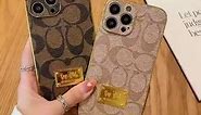 JIUDUIDODO Designer iPhone 14 Pro Max Case Luxury 6.7 inch, Leather Back Edge with Plate Gold Rim Classic Pattern Bling Glitter Nameplate Camera Protection Cover, Non Slip Shockproof, Khaki