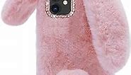 Omorro Compatible with iPhone 11 Case Plush Rabbit Case for Women Girls Soft Warm Fluffy Furry Bunny Ear Fur Phone Case Protective Bling Crystal Rhinestone Bow Knot Diamond Case Black