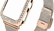 JOYOZY Stainless Steel Mesh bands Compatible For Apple Watch 38mm,Women Bling Protective Crystal Diamond Case with Loop Mesh Strap For Apple watch Series 3/2/1(No Tool Needed)(Rose Gold, 38MM)