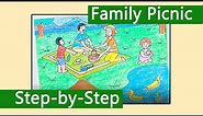 How to draw holiday memory family picnic in jungle park step by step drawing to win Art competition