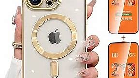 for iPhone 13 Pro Case Magsafe, Magnetic Clear Phone Case with Screen Protector and Camera Cover, Transparent Electroplated Case for Women/Girl/Men (Gold)